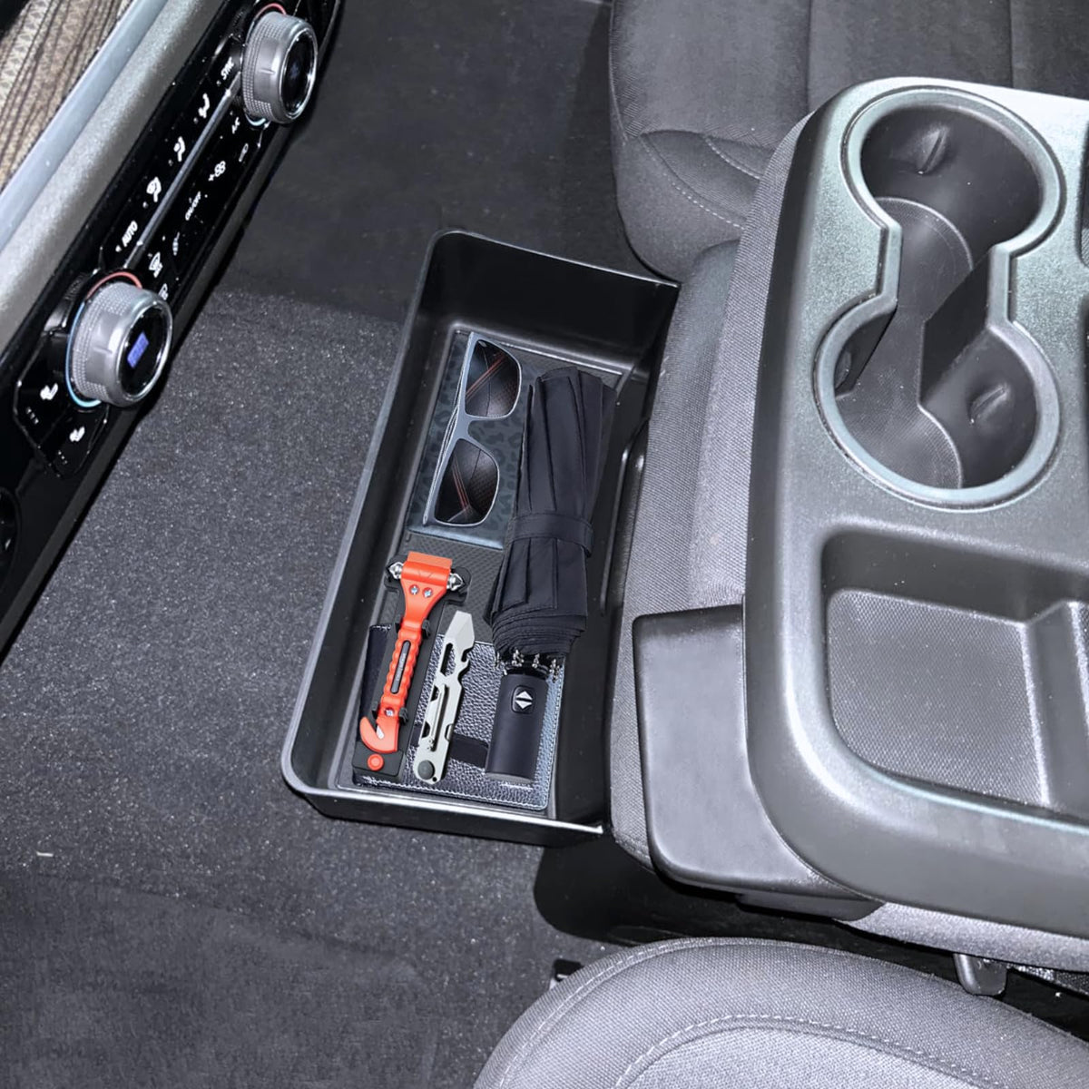 JWSIROU large-capacity hanging tray for Silverado 1500; expands under-armrest storage.