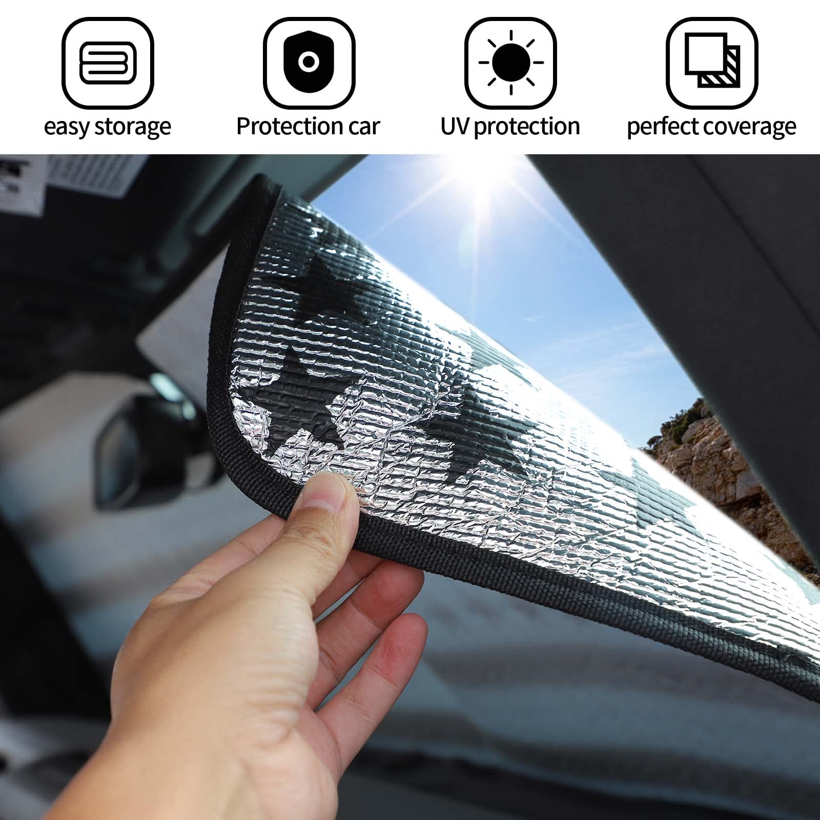 JWWY foldable sunshade installs in seconds and stores neatly in its pouch.