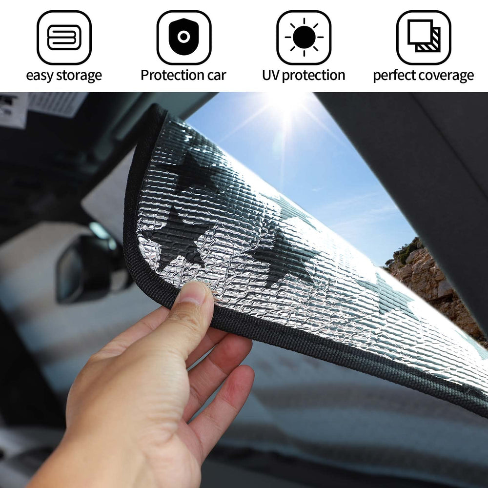 JWWY foldable sunshade installs in seconds and stores neatly in its pouch.