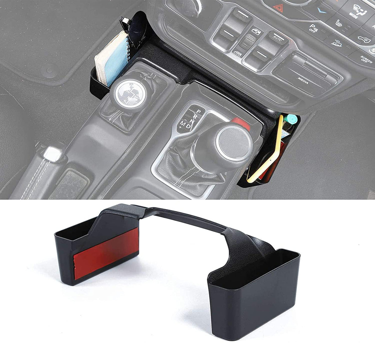 JWWY gear tray organizer installed in the Jeep Wrangler JL front console keeps essentials organized and within reach.