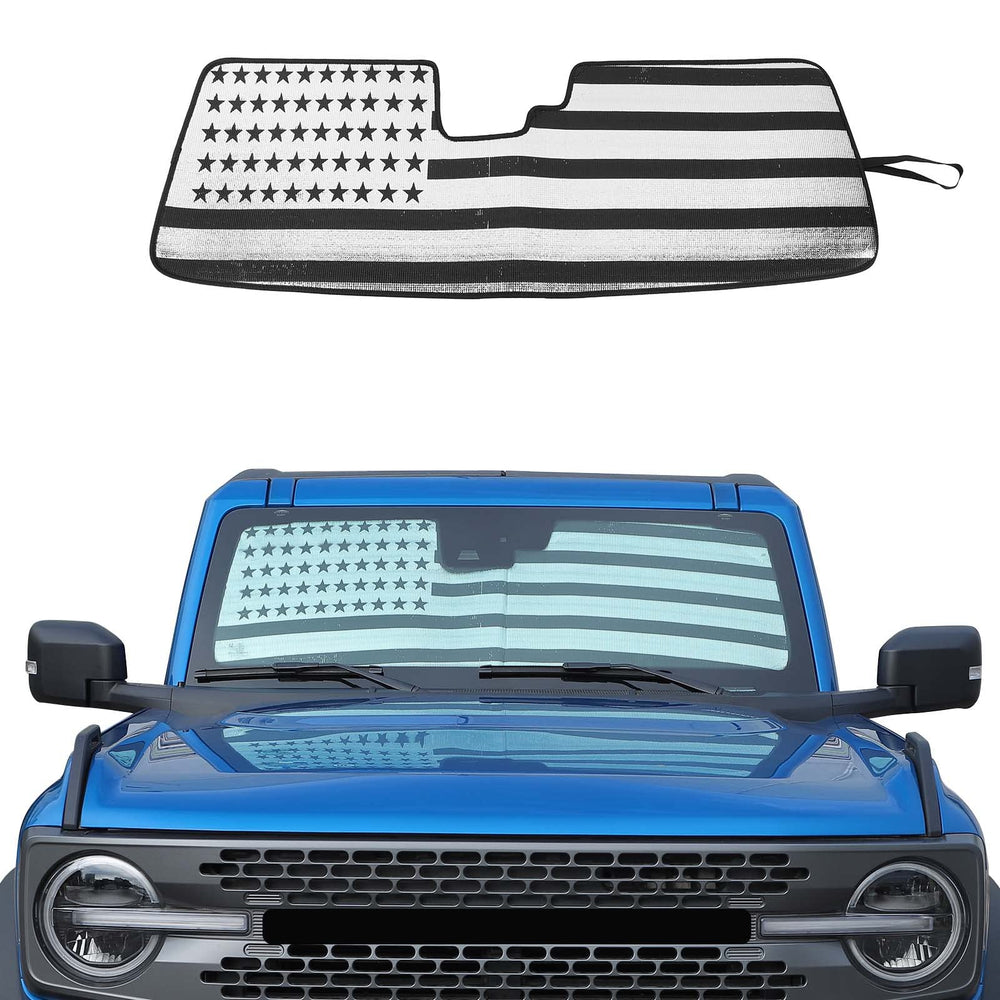 JWWY windshield sunshade for Bronco 4-door blocks glare and fits perfectly.