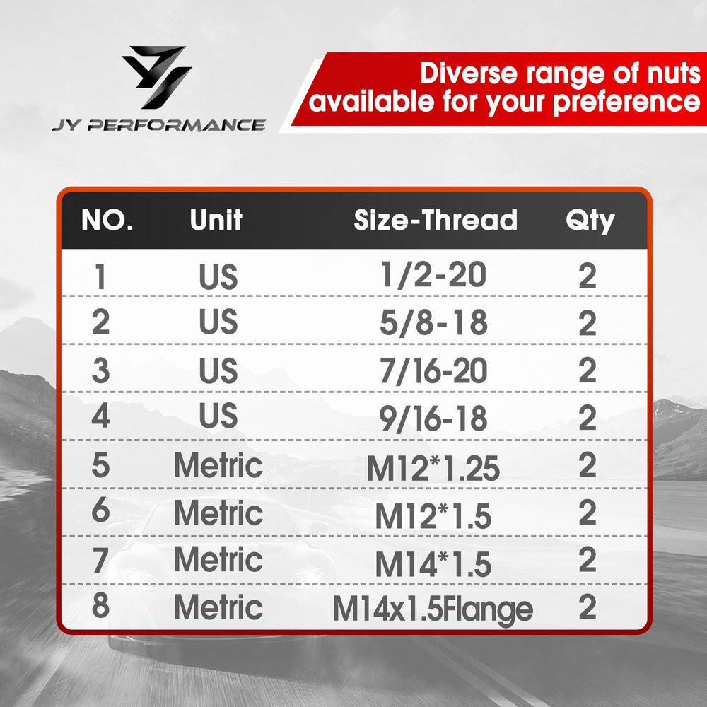 JY PERFORMANCE 8629 bolt size range chart demonstrates versatility for different hubs