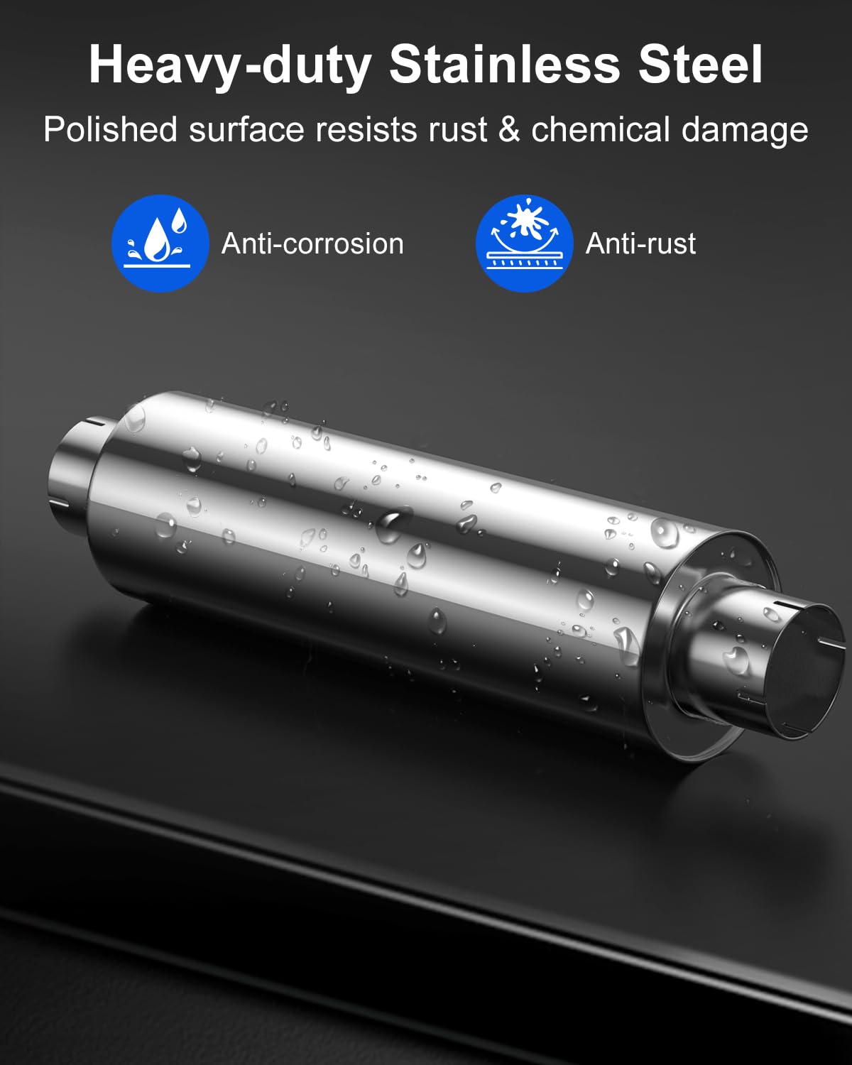 JY PERFORMANCE muffler body close-up shows polished stainless steel surface