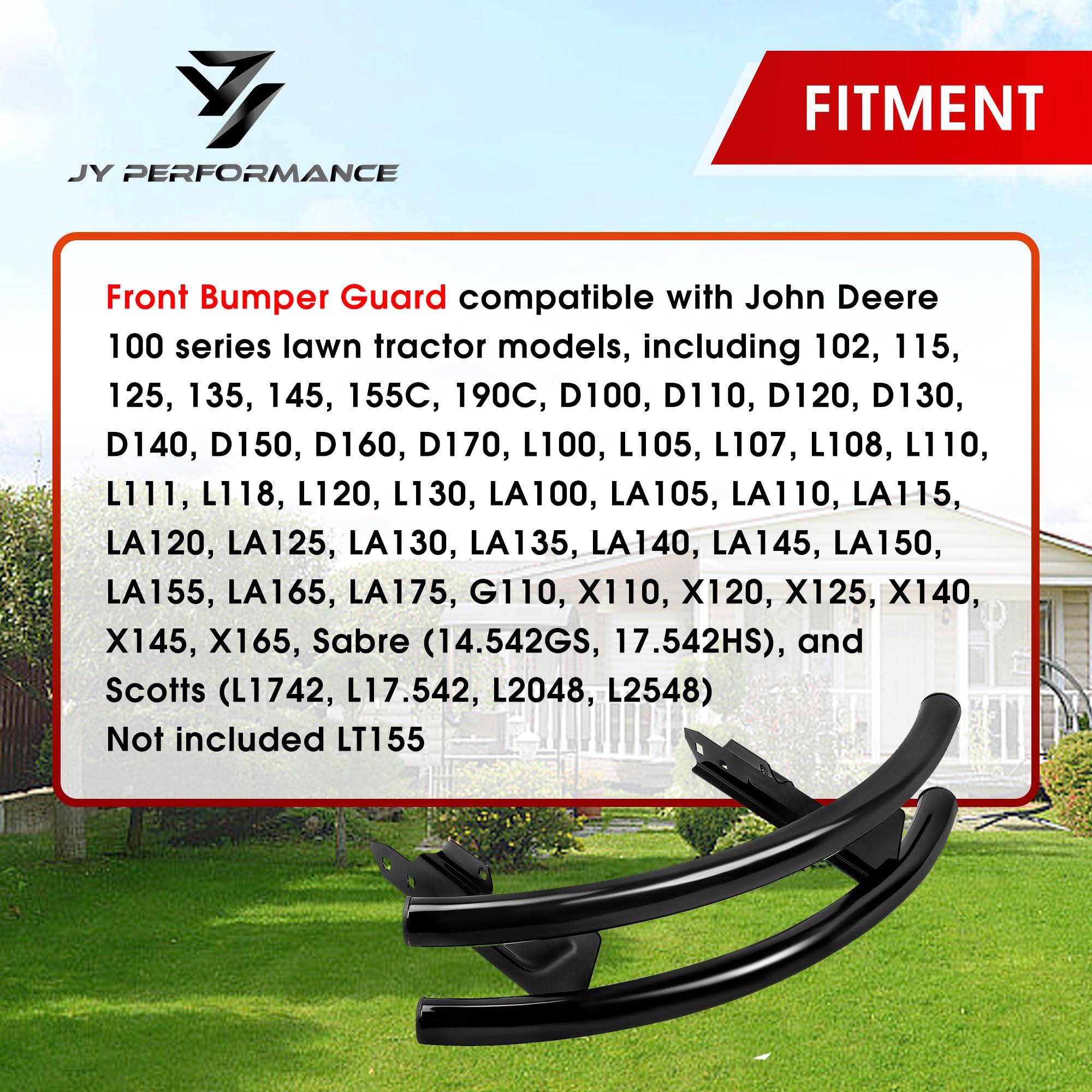JY PERFORMANCE front bumper guard on John Deere 100 Series 115 shields against impacts during mowing.