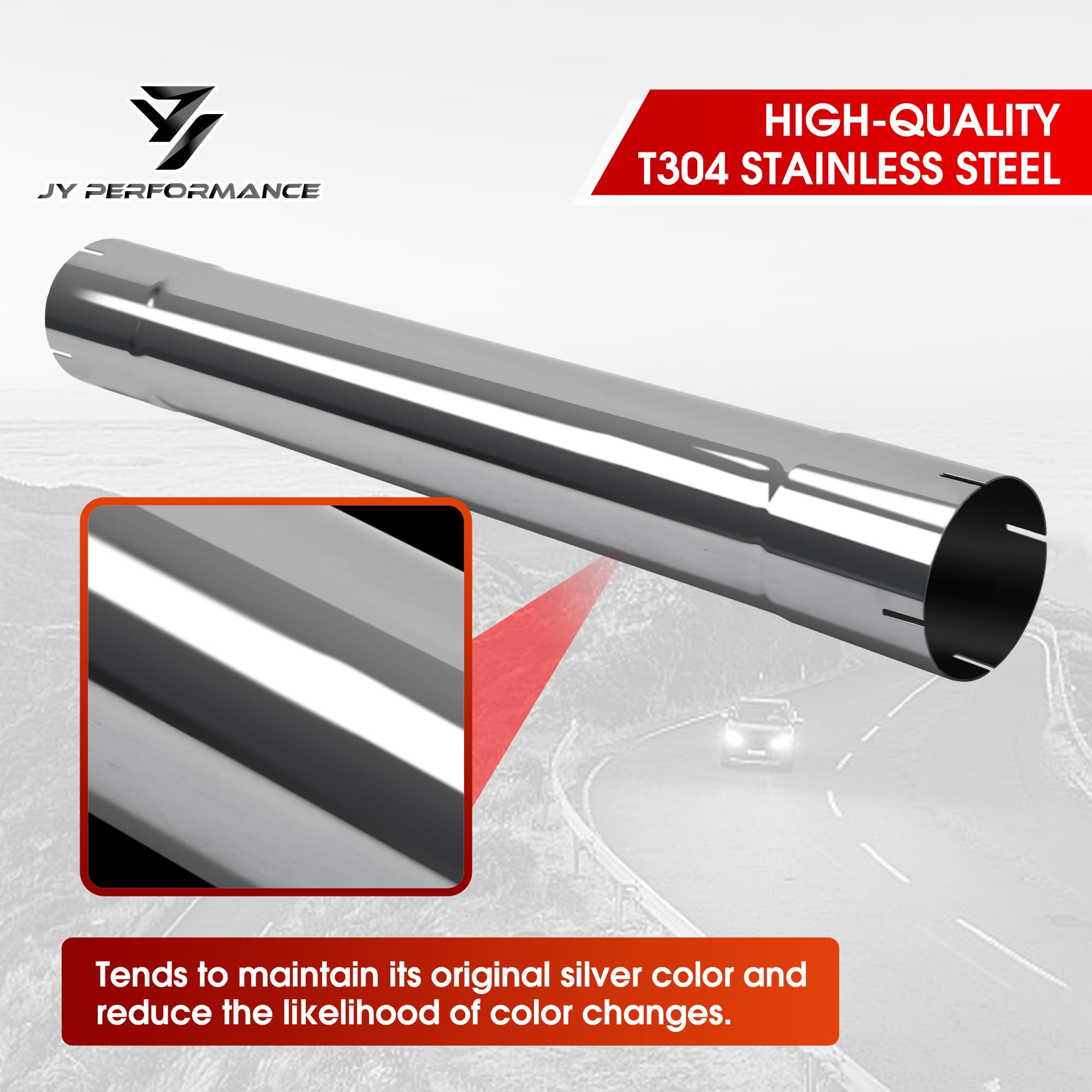 JY PERFORMANCE polished finish on exhaust pipe resists rust and staining.