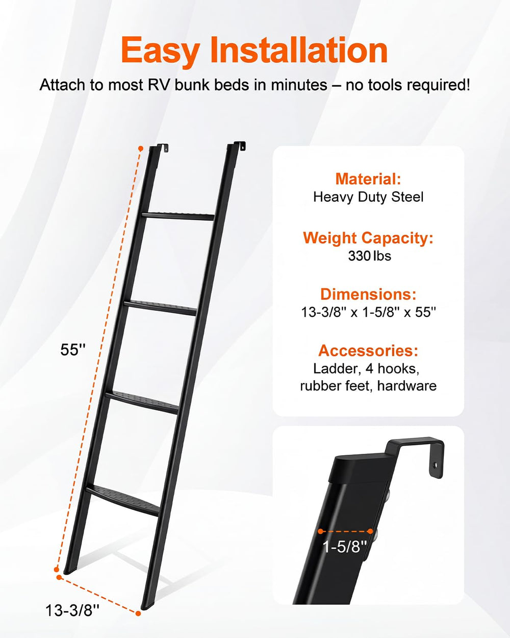 JY PERFORMANCE RV ladder dual-cap protection protects floors and frames.