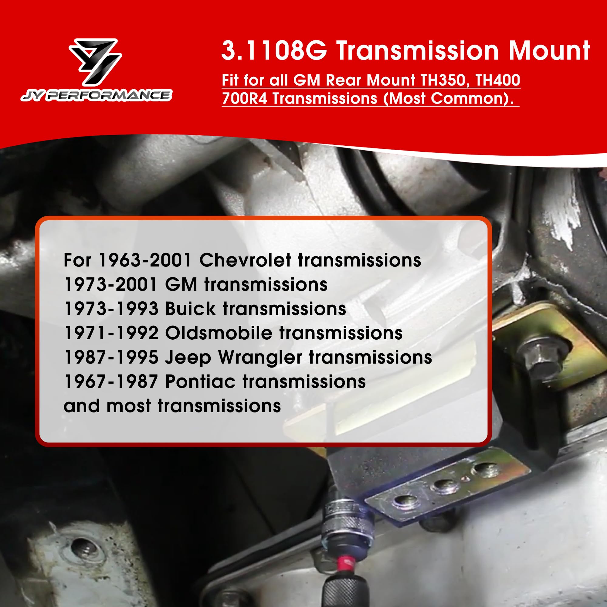 JY PERFORMANCE TH350/TH400 mount installed on a Chevy, stabilizing drivetrain under load.