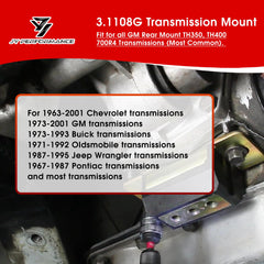 JY PERFORMANCE TH350/TH400 mount installed on a Chevy, stabilizing drivetrain under load.