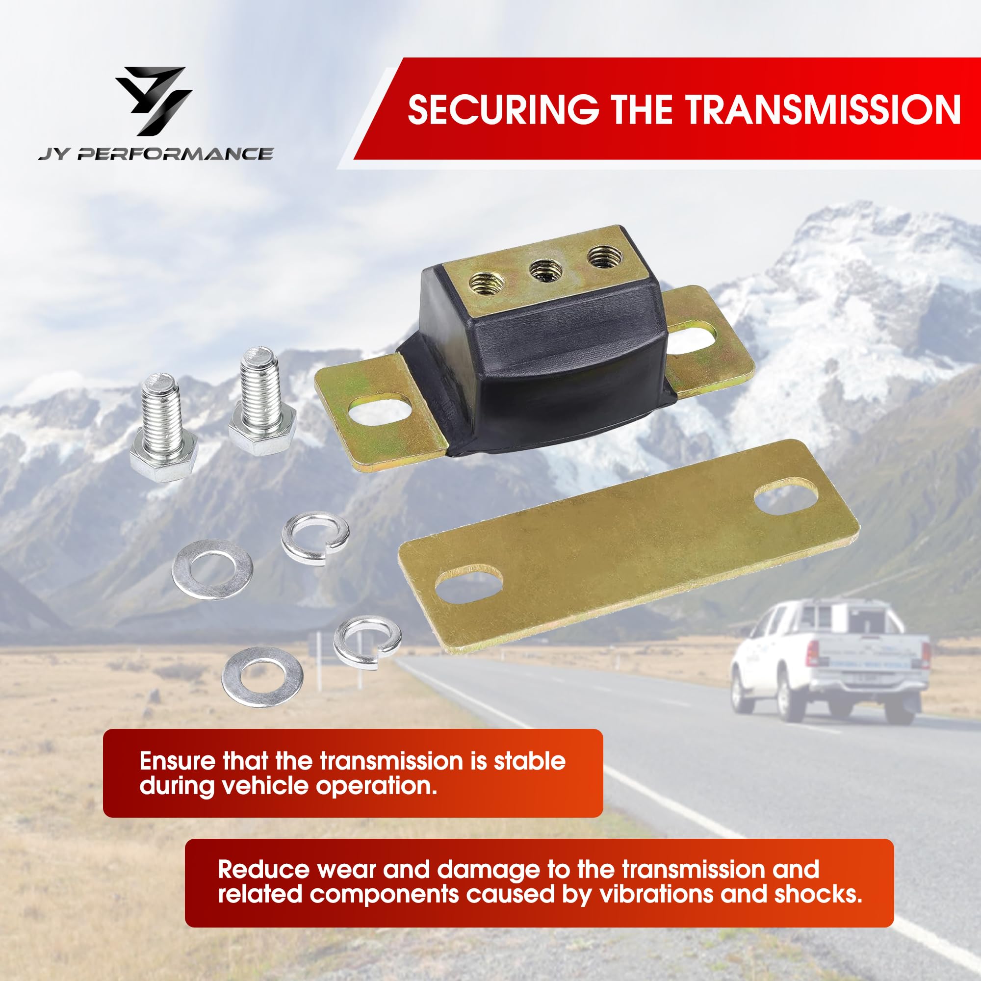 JY PERFORMANCE polyurethane transmission mount closeup highlights oil-resistant urethane material.