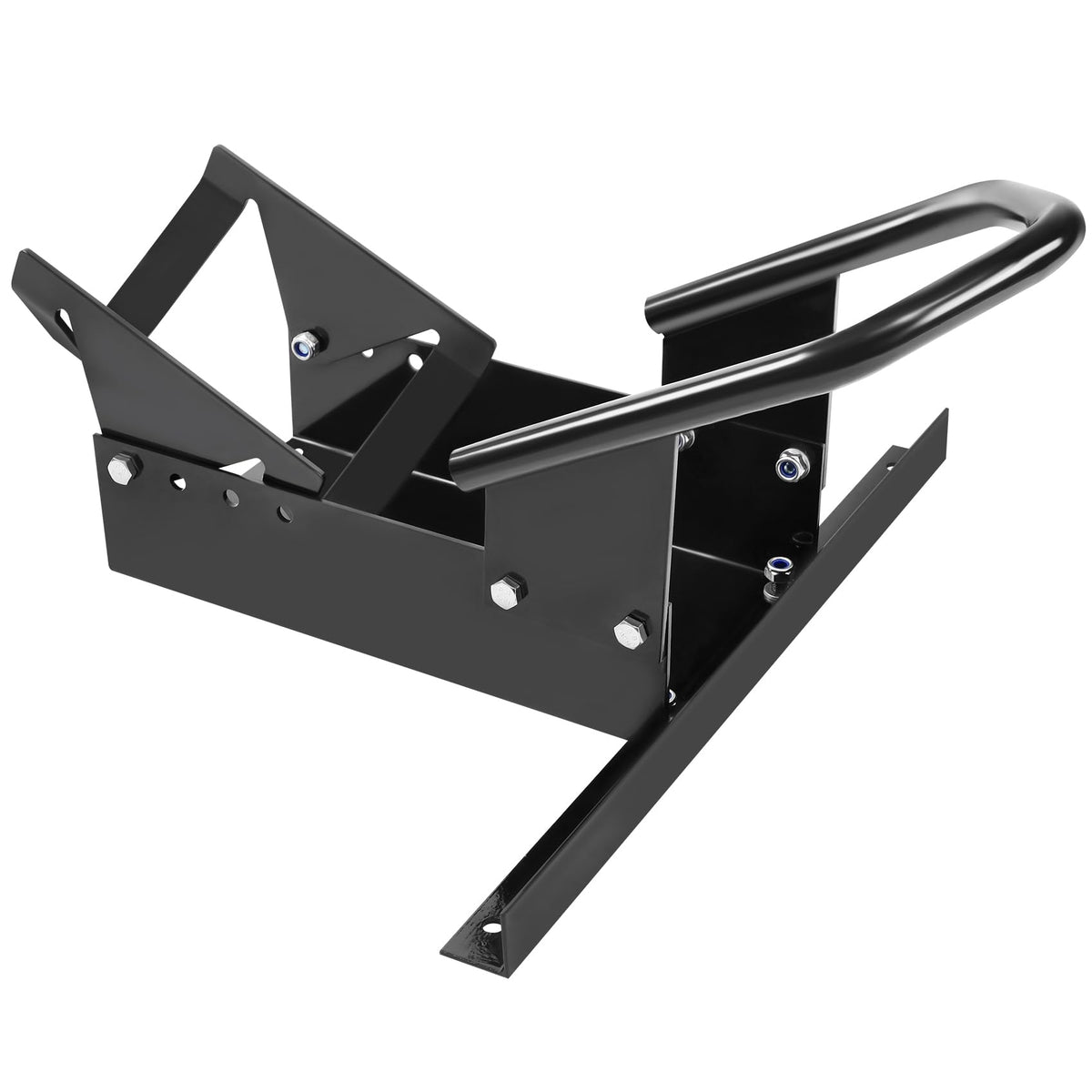 JY PERFORMANCE wheel chock front view showing rugged 8-gauge steel construction for heavy motorcycles.