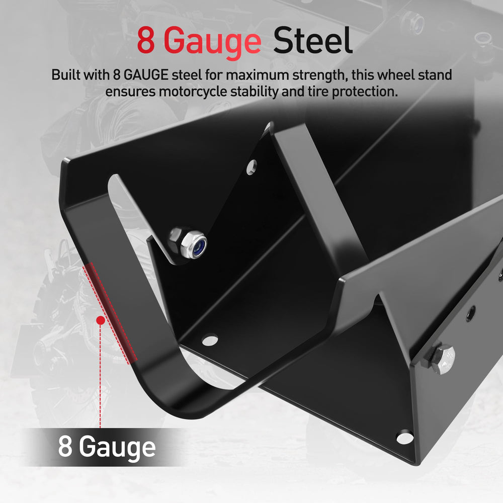 Wheel chock in workshop use for maintenance and bike stability.