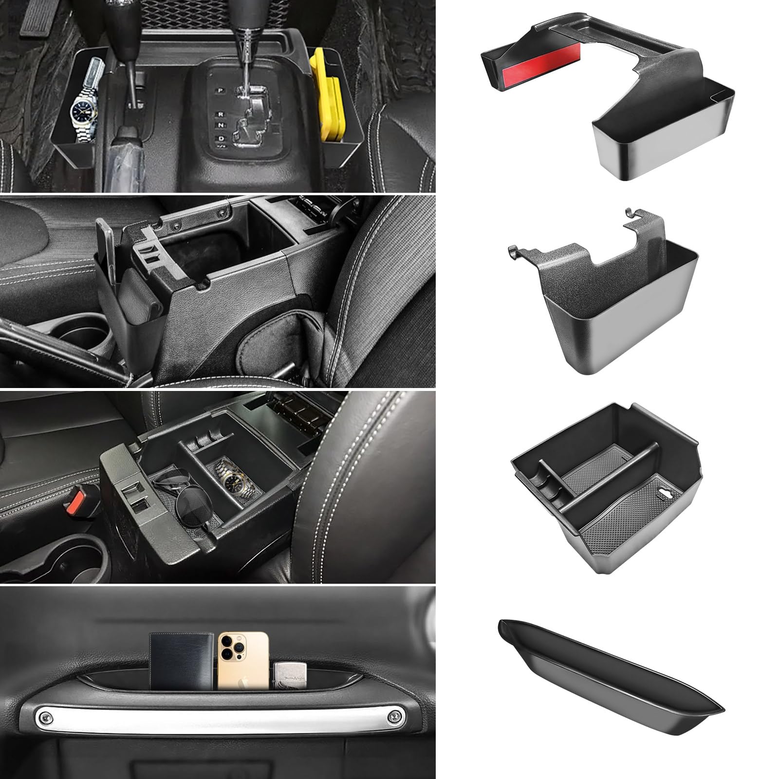 Jyduo armrest inside tray keeps phones and keys organized in Jeep Wrangler JK/JKU.