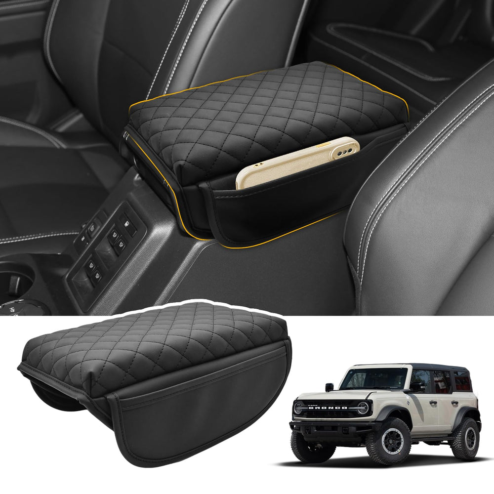 JYMAOYI center console cover for Bronco 2021-2026, front view protecting console from wear.