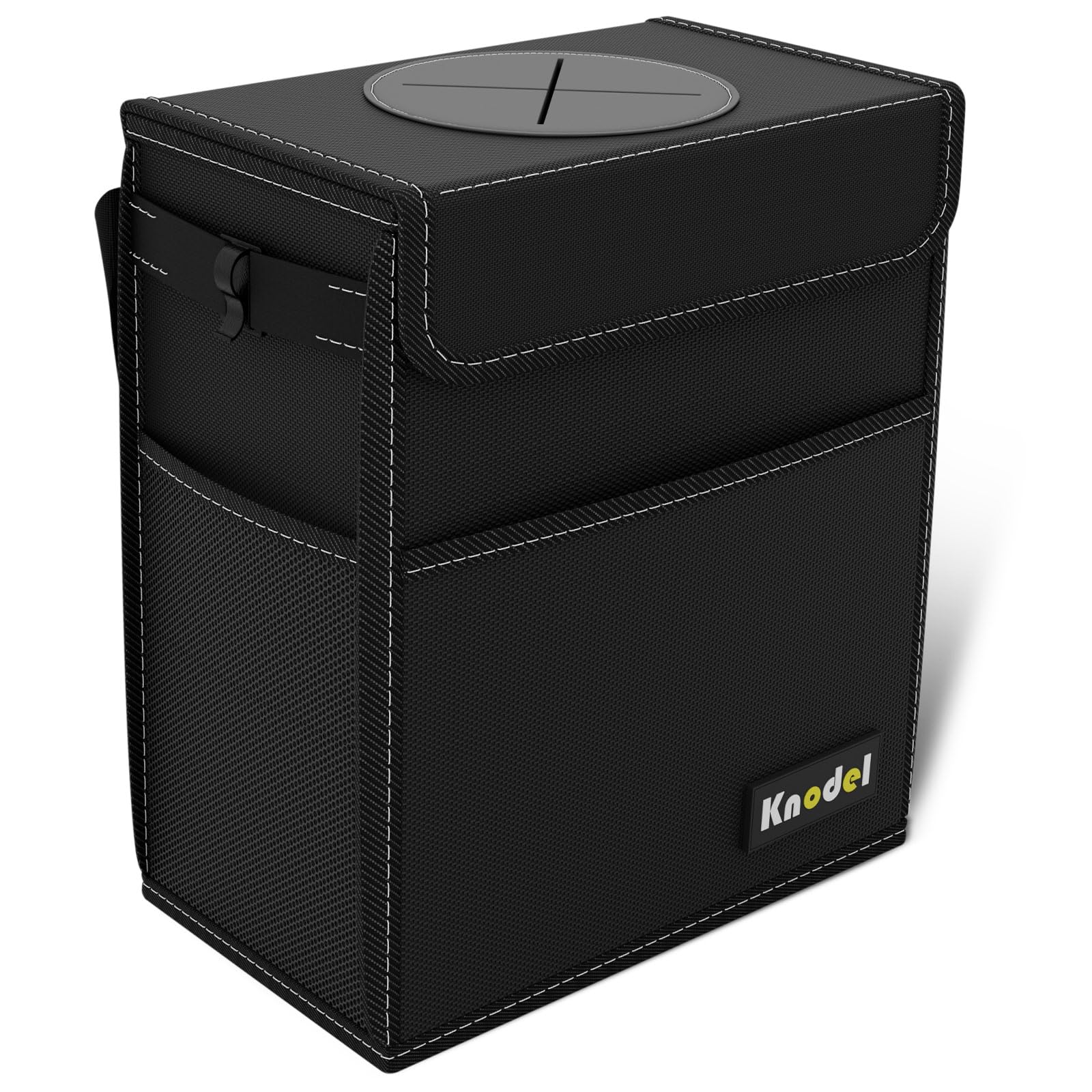 K KNODEL car trash can lid keeps trash discreet and spills contained.