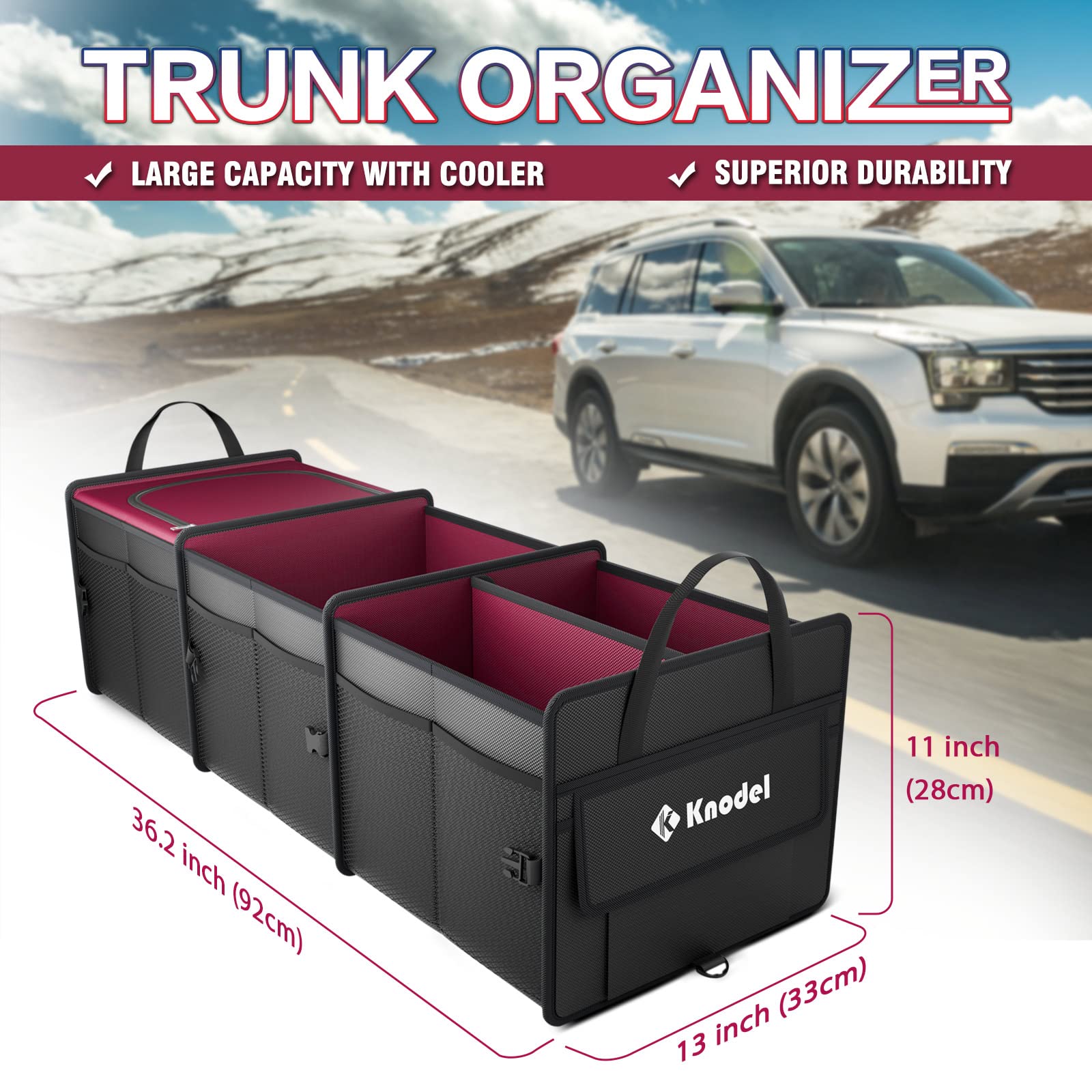 K KNODEL trunk organizer with three compartments in side view for easy access