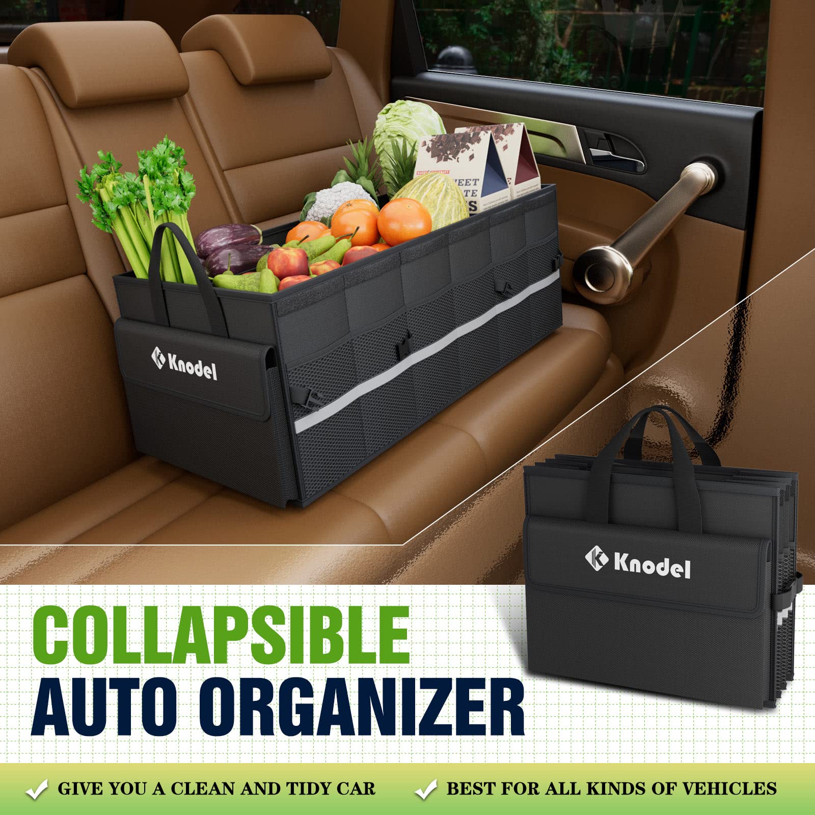 K KNODEL trunk organizer with three compartments keeps items neatly arranged.