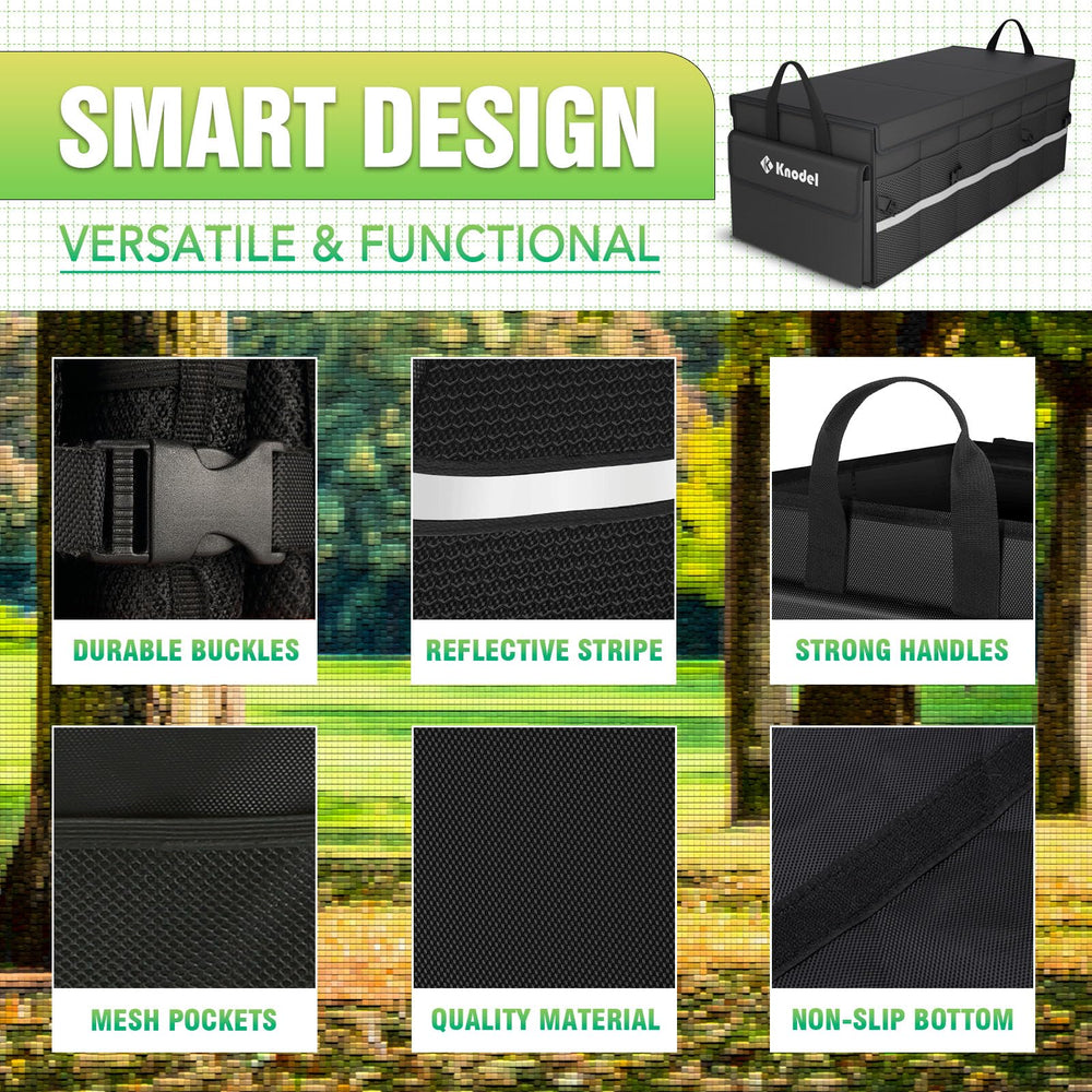 K KNODEL trunk organizer collapsible design folds flat for storage.