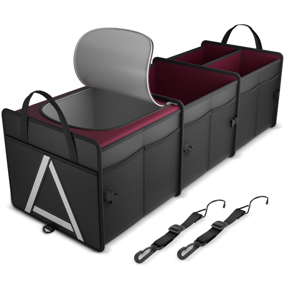 K KNODEL trunk organizer with cooler bag, top view showing drinks kept cool for travel
