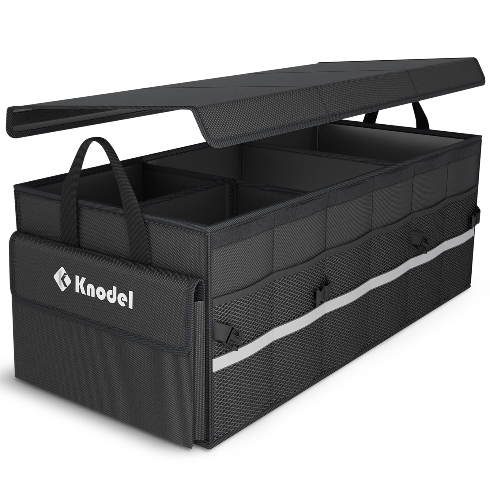 K KNODEL trunk organizer lid keeps contents secure for night access.
