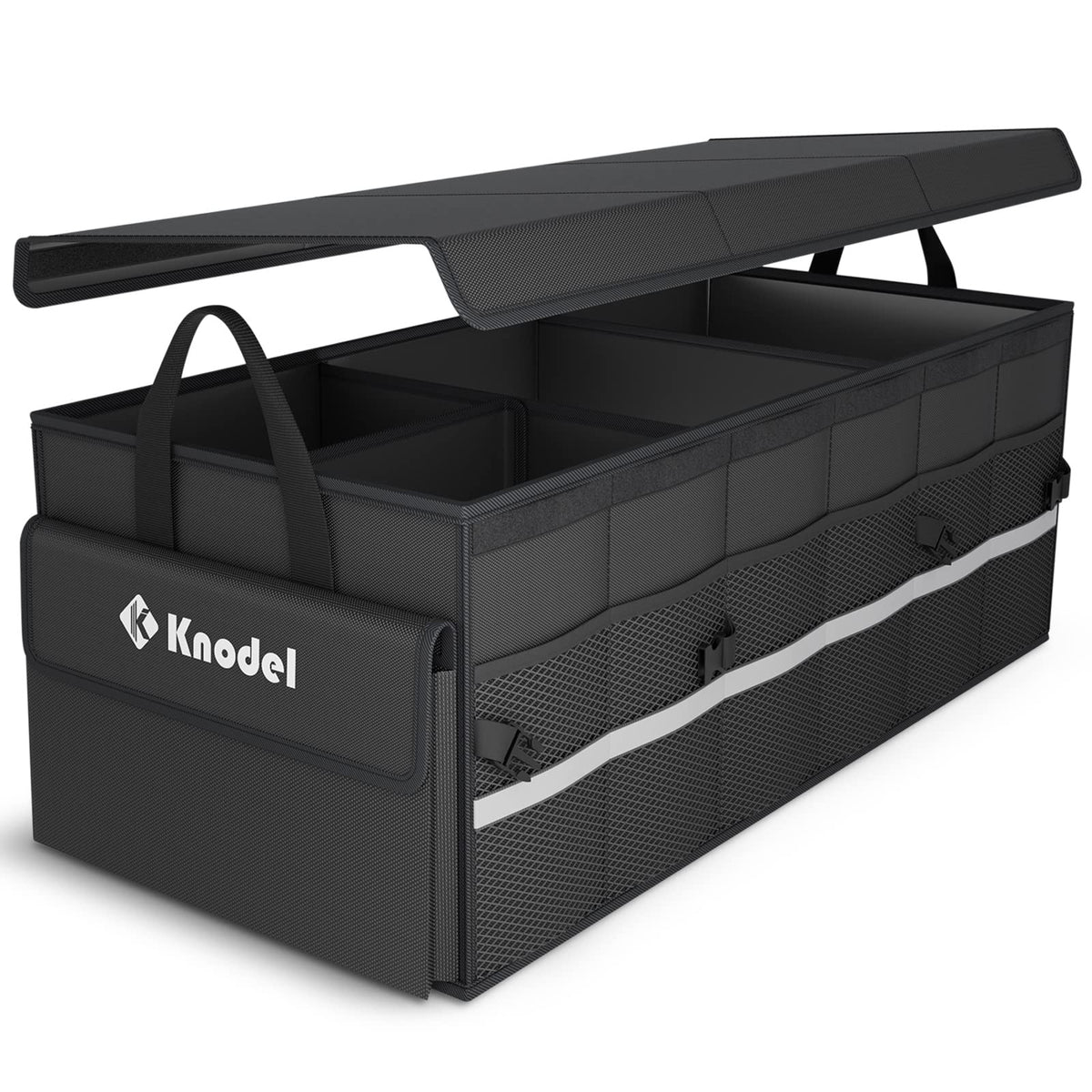 K KNODEL trunk organizer lid keeps contents secure for night access.