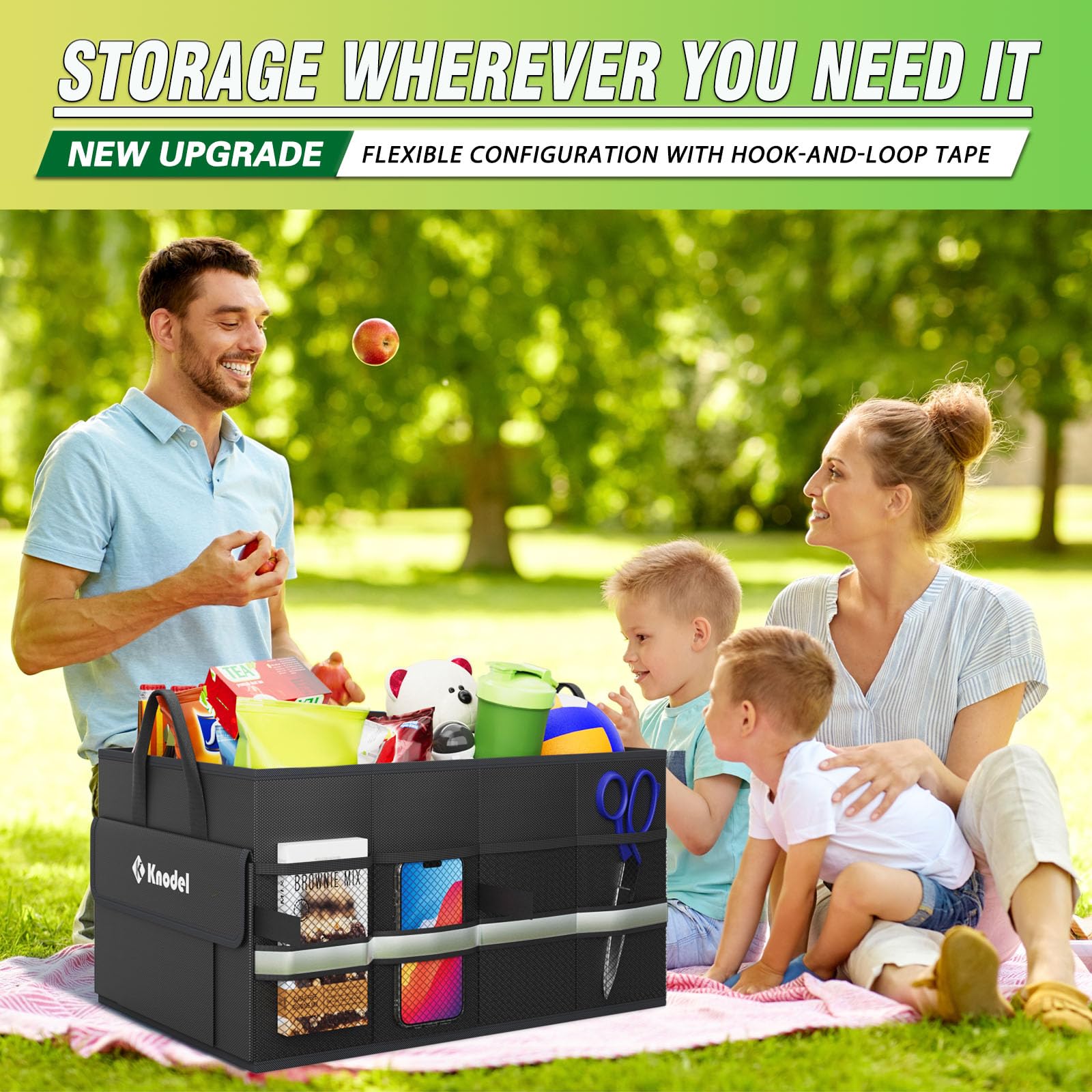 K KNODEL trunk organizer reflective stripe for safer nighttime handling.