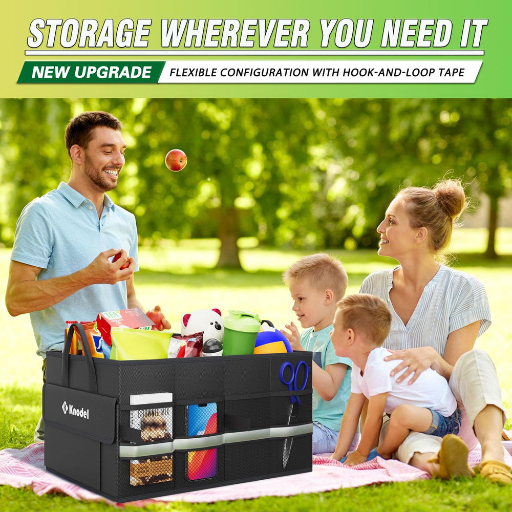 K KNODEL trunk organizer reflective stripe for safer nighttime handling.