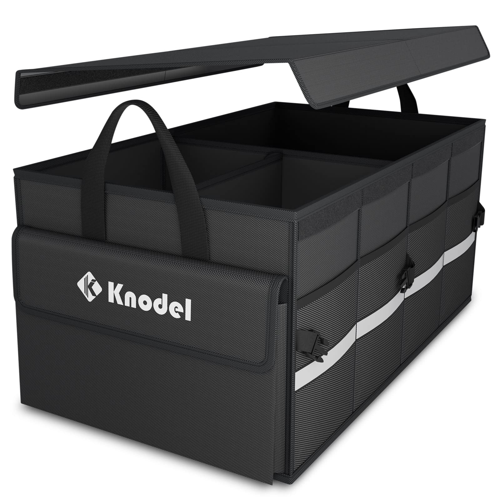 K KNODEL trunk organizer with lid in car trunk keeps items organized on the go