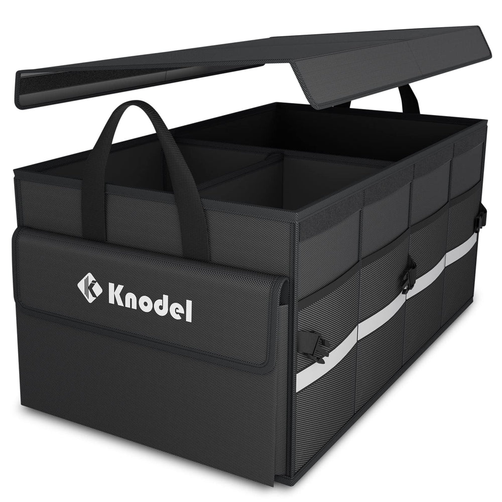 K KNODEL trunk organizer with lid in car trunk keeps items organized on the go