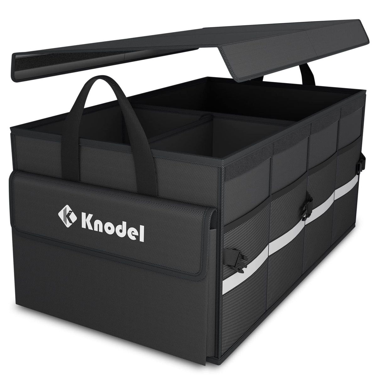 K KNODEL trunk organizer with lid in car trunk keeps items organized on the go