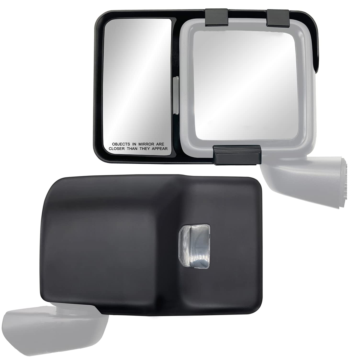 K Source Snap & Zap towing mirror on Jeep Wrangler offers extended rear visibility with tool-free clip-on install.