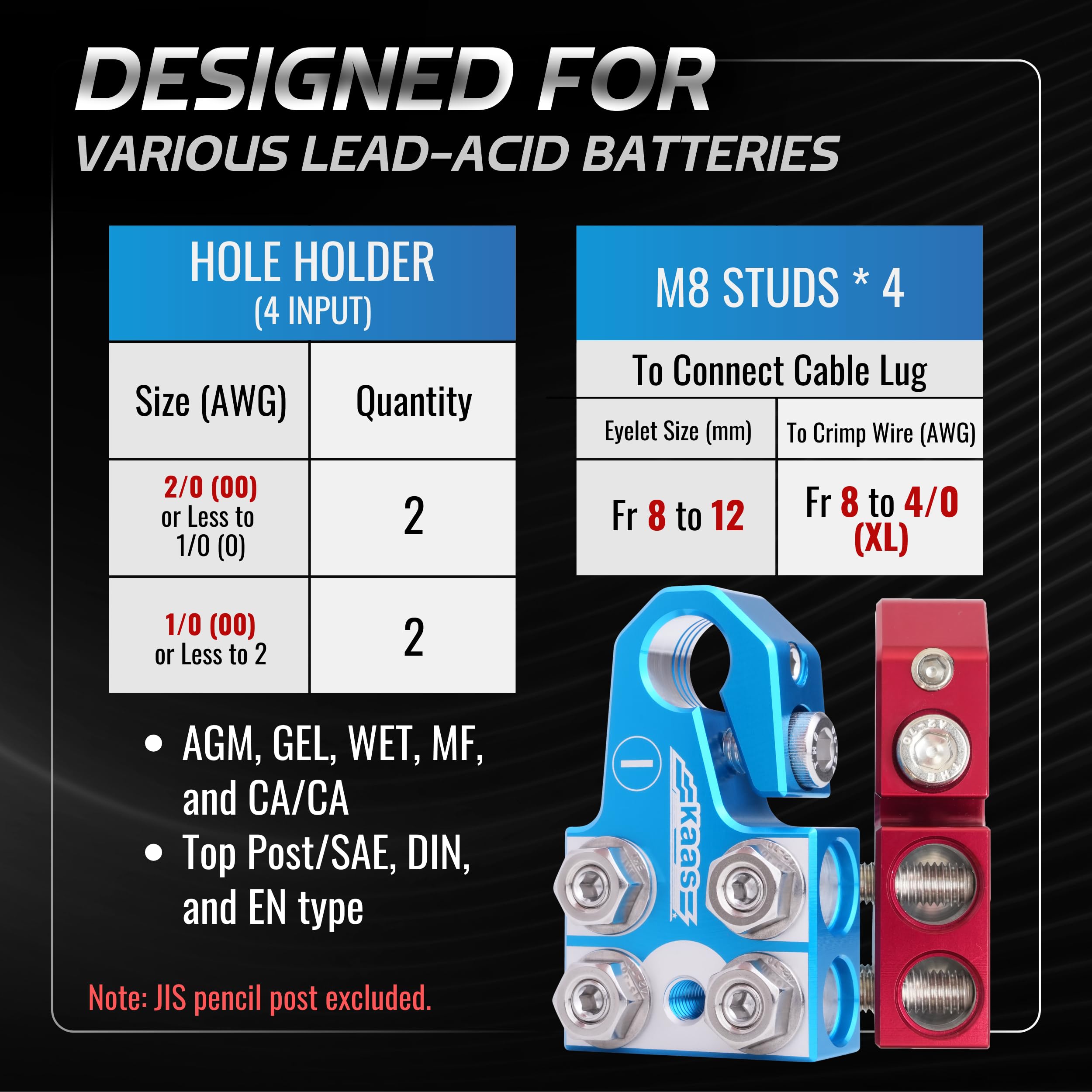 Kaas battery terminals suit vehicles from cars to trucks for wide compatibility.