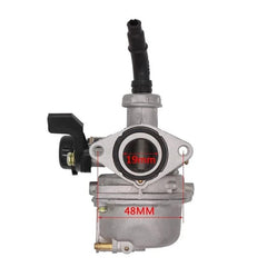 Kacarber AT125 carburetor with 19mm engine opening detail for precise fit.