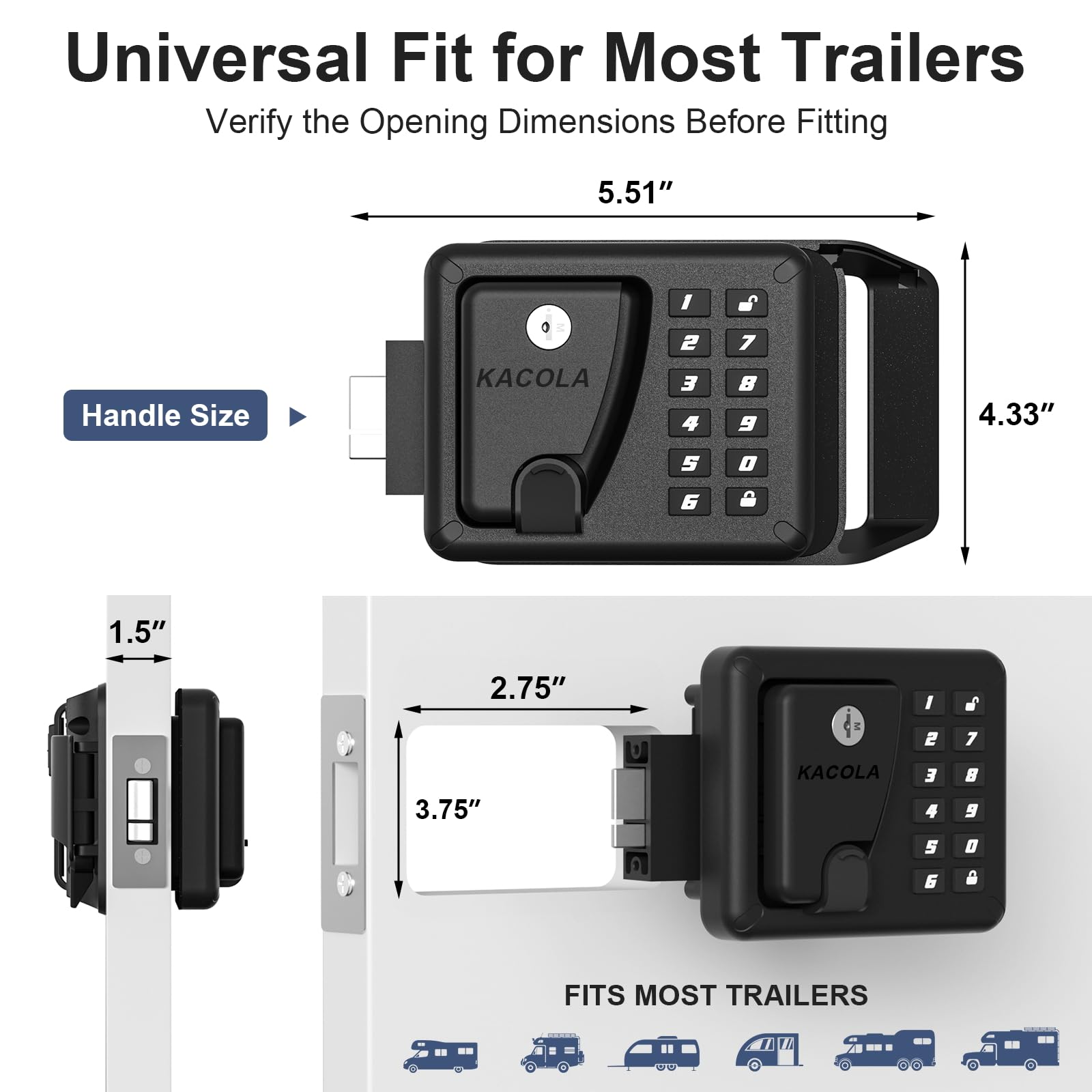 KACOLA IP65-rated RV lock protects against harsh weather during travel.