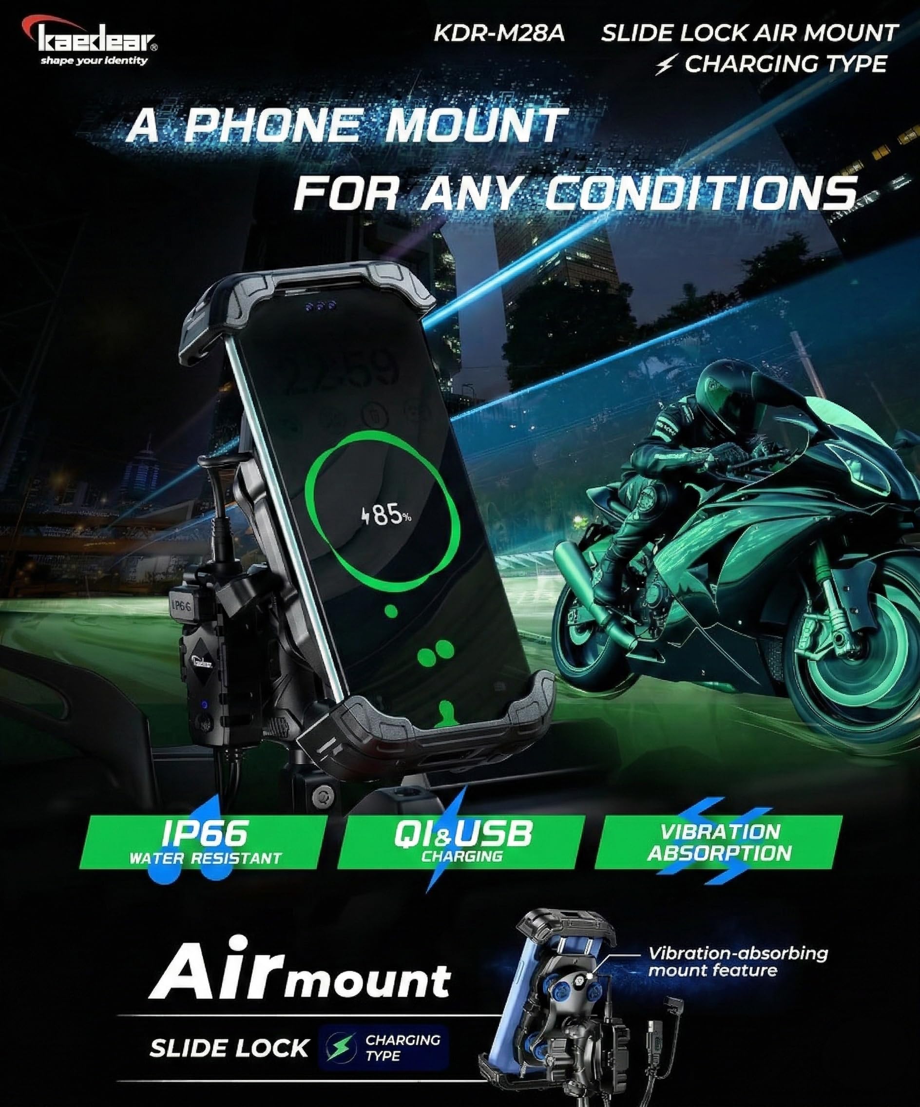 Kaedear KDR-M28A fast wireless charging while riding for convenient power