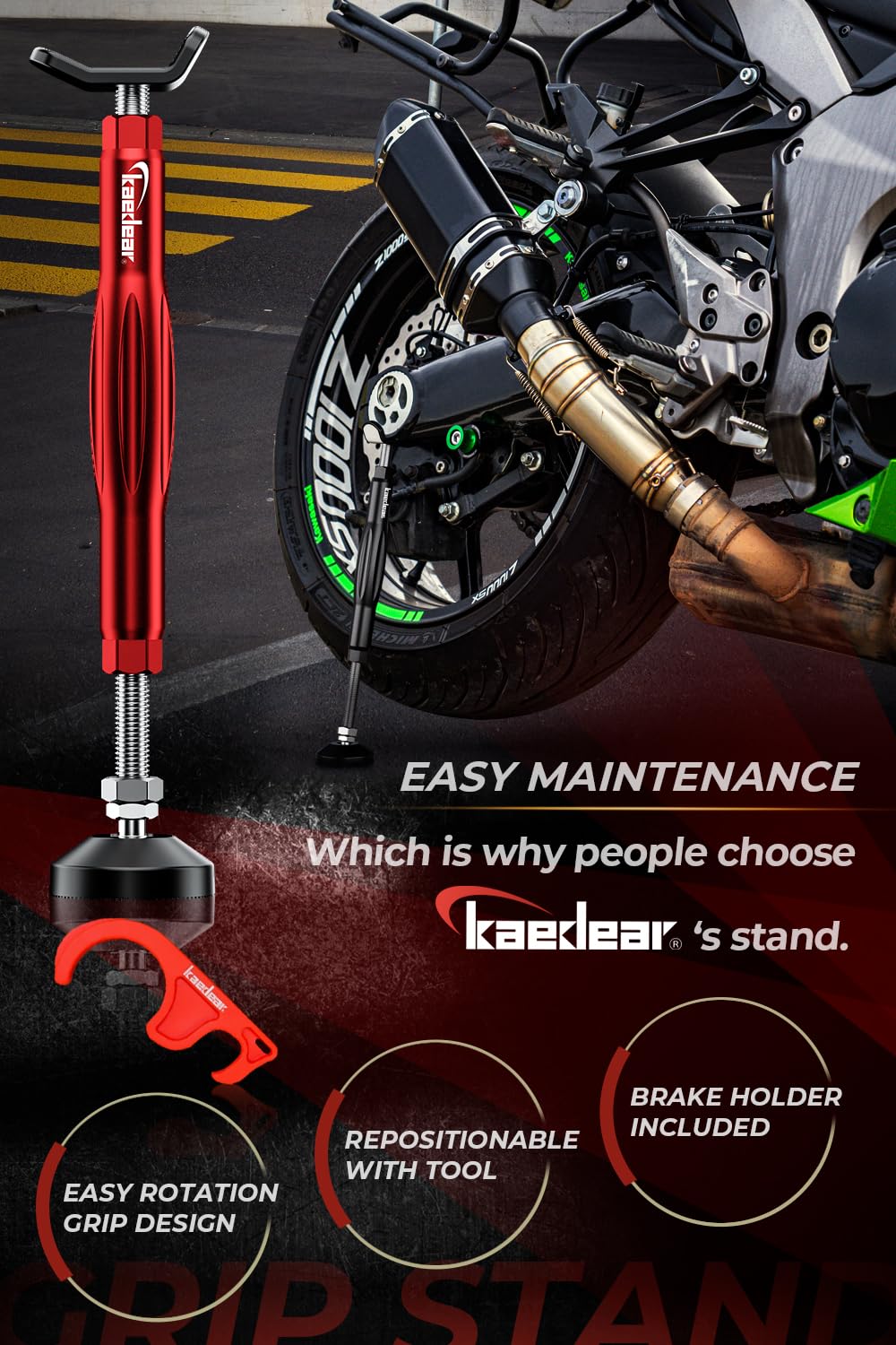 Kaedear KDR-ST1 brake holder secures the wheel for precise cleaning.