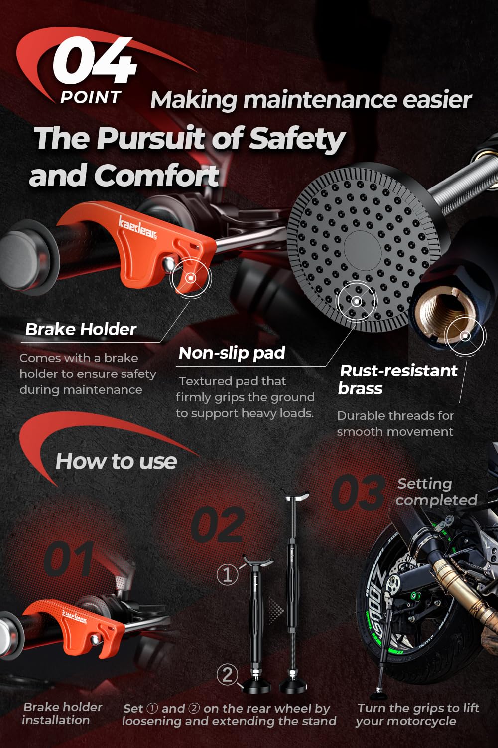 Kaedear KDR-ST1 200 kg capacity supports secure maintenance.