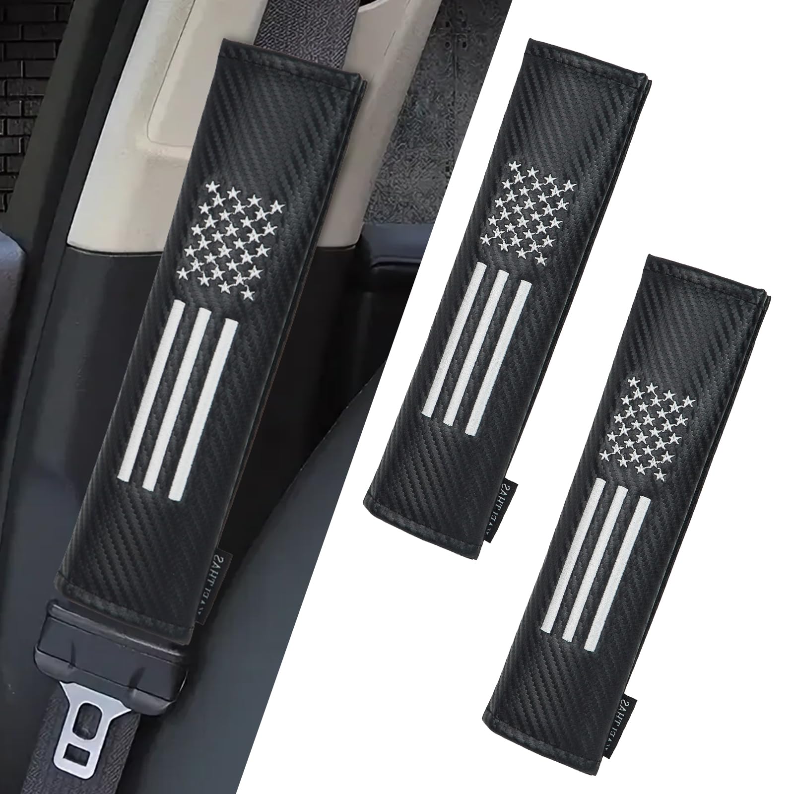KAELTHAS carbon fiber USA flag seatbelt pad adds stylish comfort to your ride.