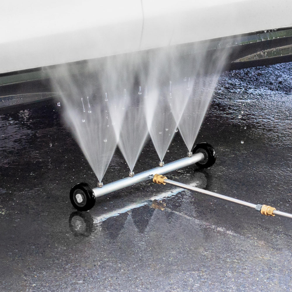 Extended two-piece extension wand with swivel caster improves maneuverability around the underside.