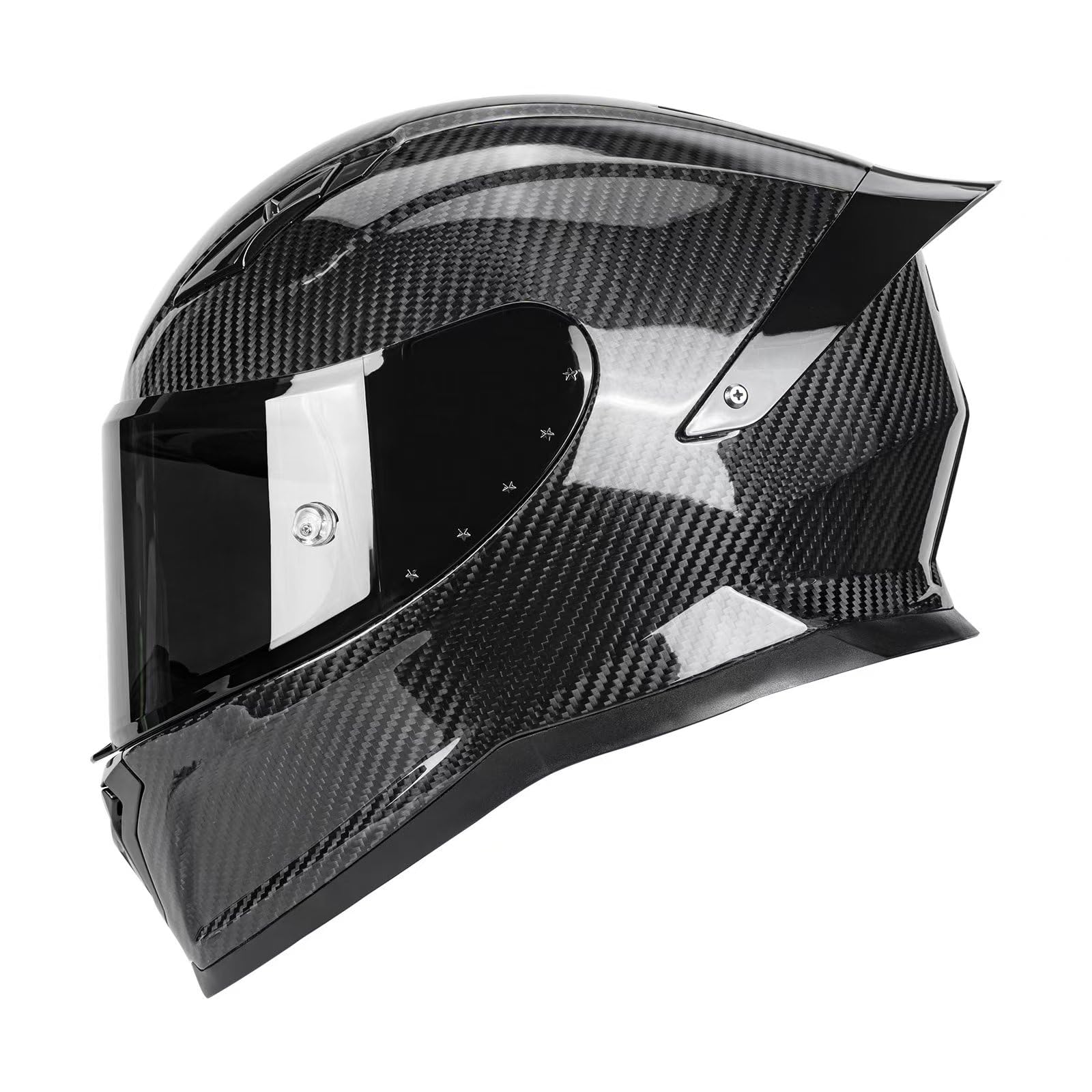 kaESE carbon fiber full-face helmet with spoiler improves aerodynamics for sport riding.
