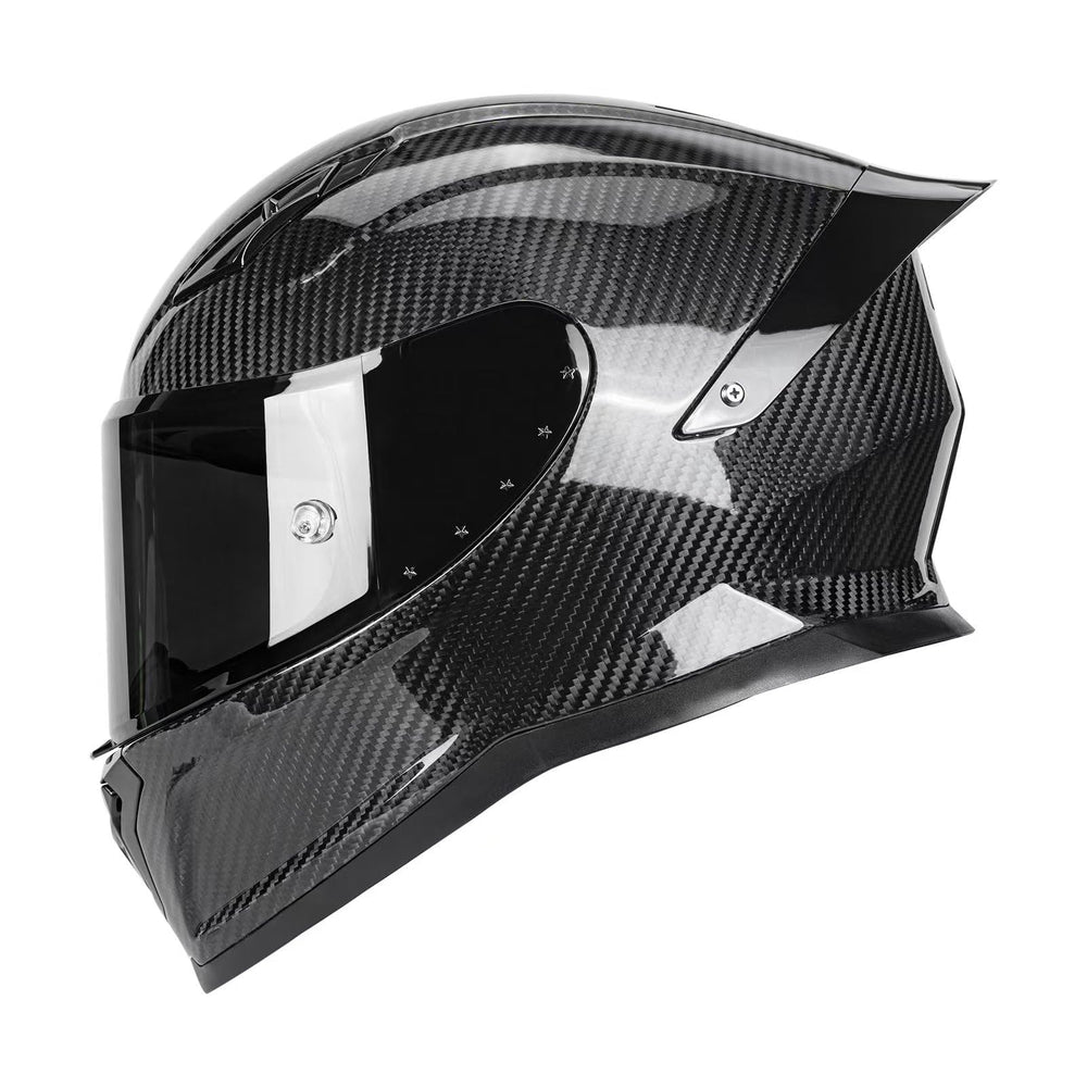 kaESE carbon fiber full-face helmet with spoiler improves aerodynamics for sport riding.
