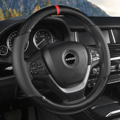 KAFEEK carbon fiber steering wheel cover provides breathable, cool-to-the-touch comfort.