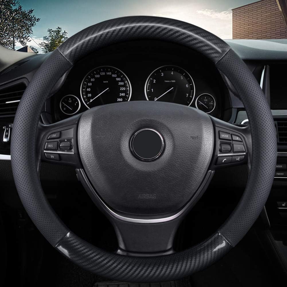 Kafek classic carbon fiber steering wheel cover on a 15-inch wheel improves grip and control