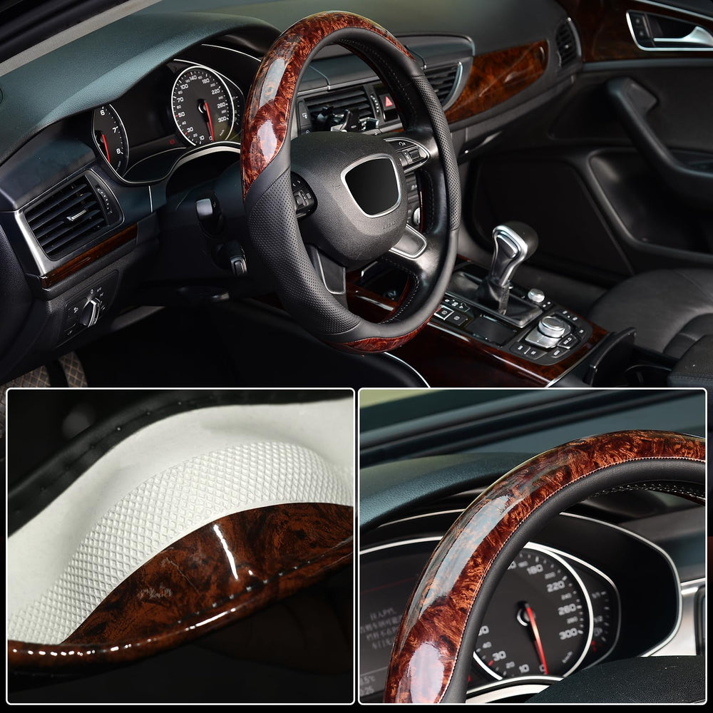 KAFEEK wood grain decor elevates interior style while protecting the wheel
