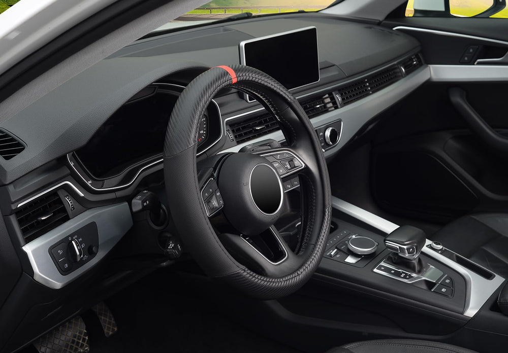 KAFEEK easy-install steering wheel cover fits 14.5–15 inch wheels without tools.
