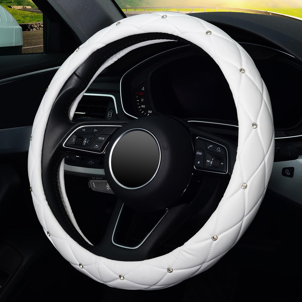 Kafek white leather steering wheel cover designed for 15 inch wheels boosts comfort