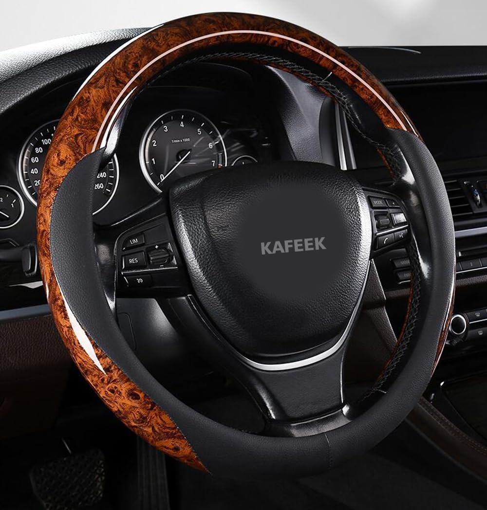 KAFEK wood grain steering wheel cover adds premium look and improved grip.