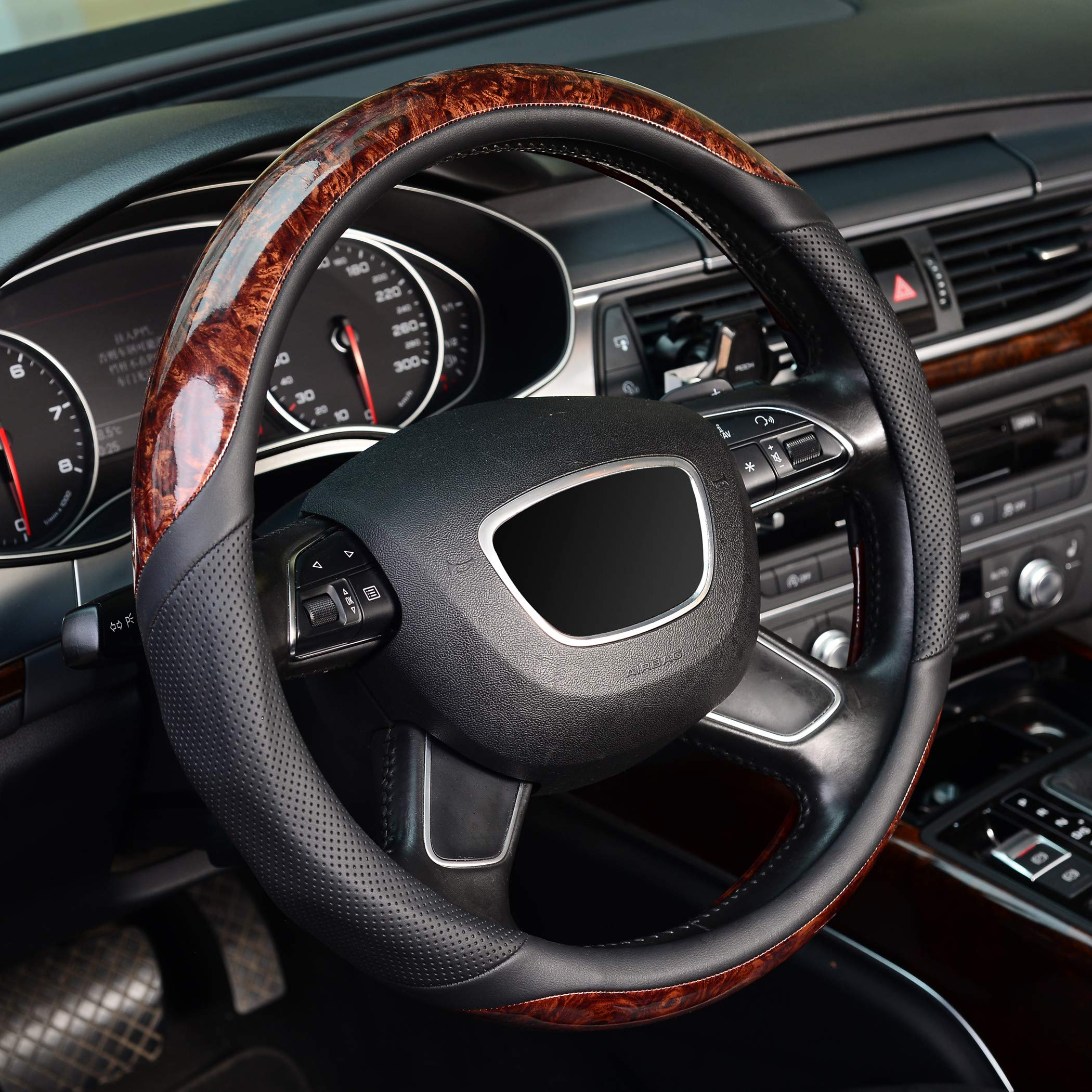 KAFEEK wood grain steering wheel cover front view enhances grip and interior style.
