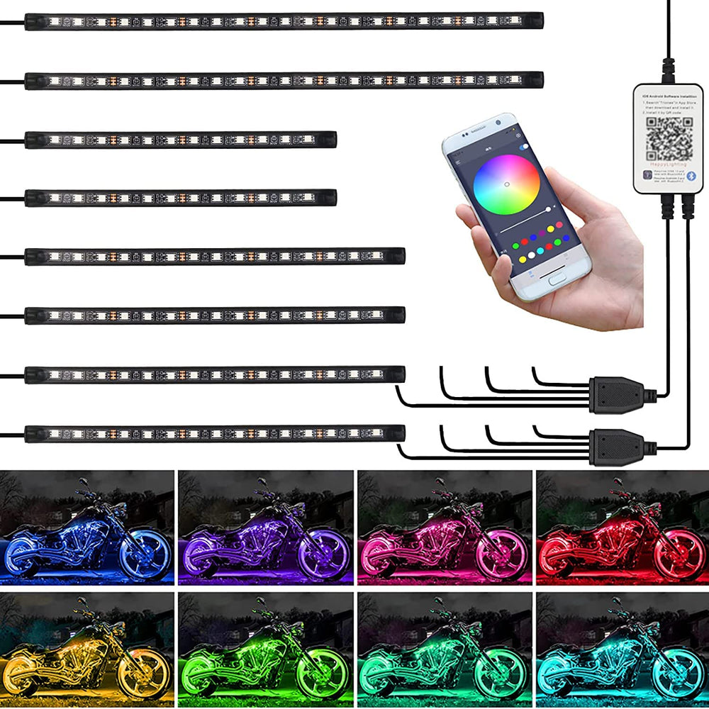 Kairiyard motorcycle underglow 8pcs kit on bike boosts night visibility and style.