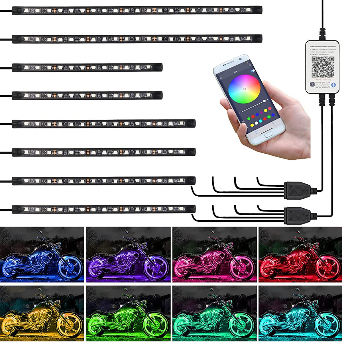 Kairiyard motorcycle underglow 8pcs kit on bike boosts night visibility and style.