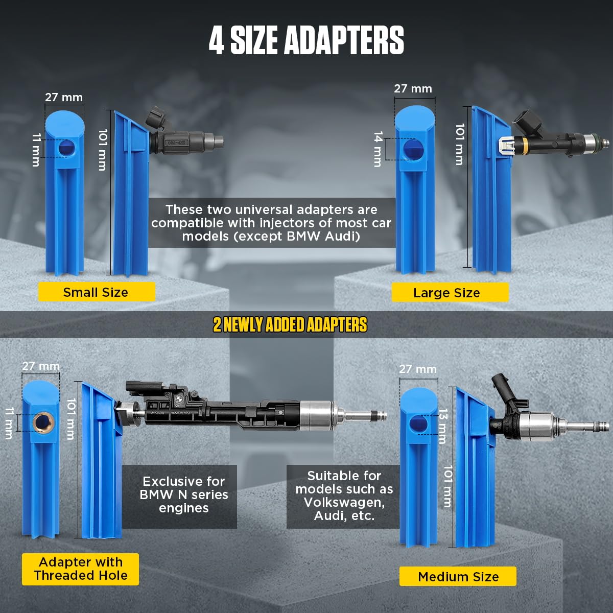 KAISAL Fuel Injector Tester four adapters fit different injector shapes